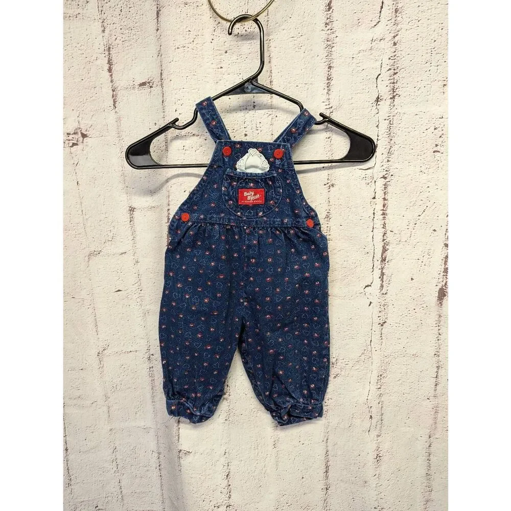 OshKosh Vintage Overalls Long Denim Red‎ Hearts Vestbak Size 12 M B'Gosh Made in